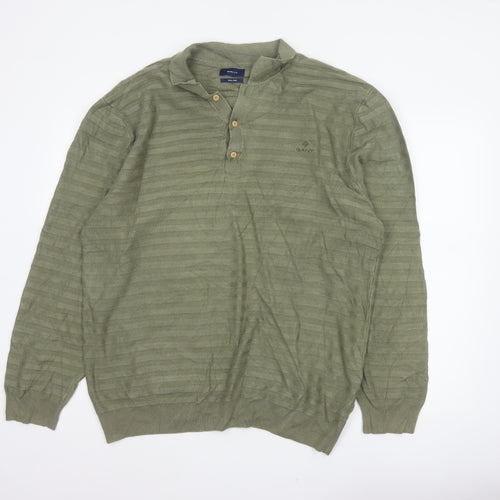 GANT Men’s Green 2XL Herringbone Knit Collared Henley Jumper