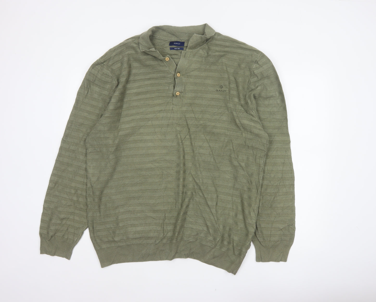 GANT Men’s Green 2XL Herringbone Knit Collared Henley Jumper