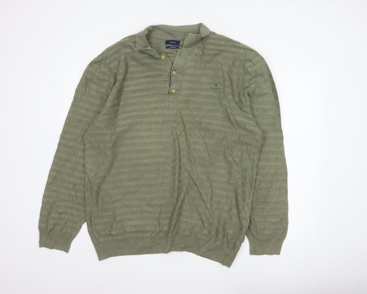 GANT Men’s Green 2XL Herringbone Knit Collared Henley Jumper