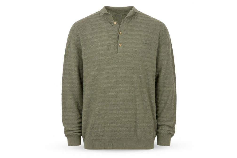 Front view of GANT Men’s Green 2XL Herringbone Knit Collared Henley Jumper