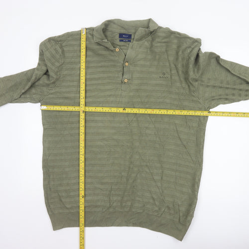 GANT Men’s Green 2XL Herringbone Knit Collared Henley Jumper