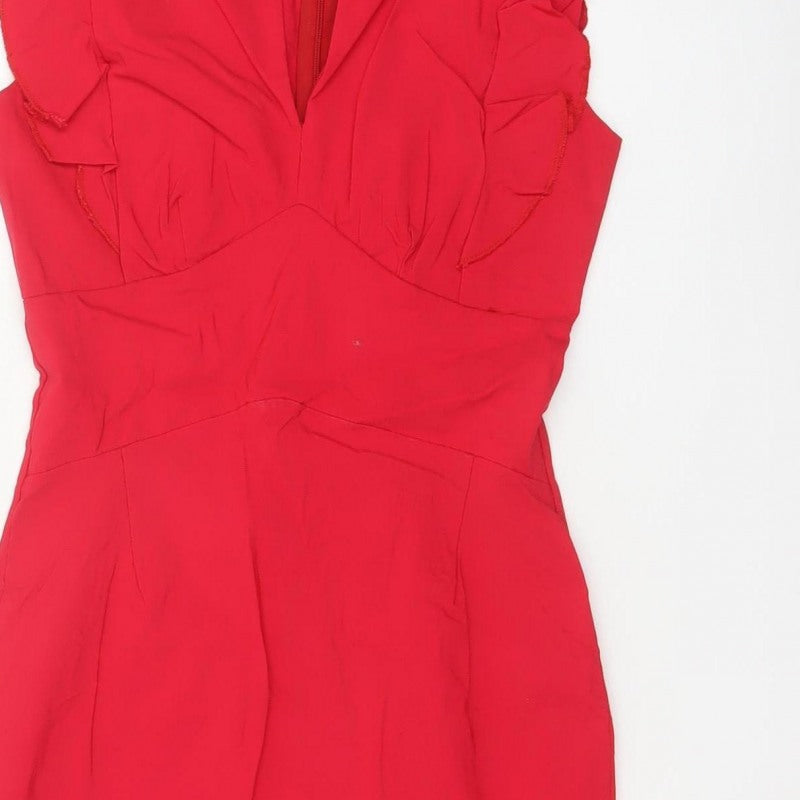 Androse Women Red UK 14 Bodycon Knee Dress Ruffle V-Neck Party