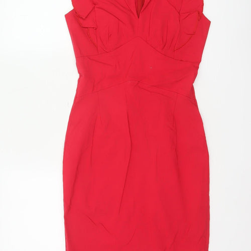 Androse Women Red UK 14 Bodycon Knee Dress Ruffle V-Neck Party