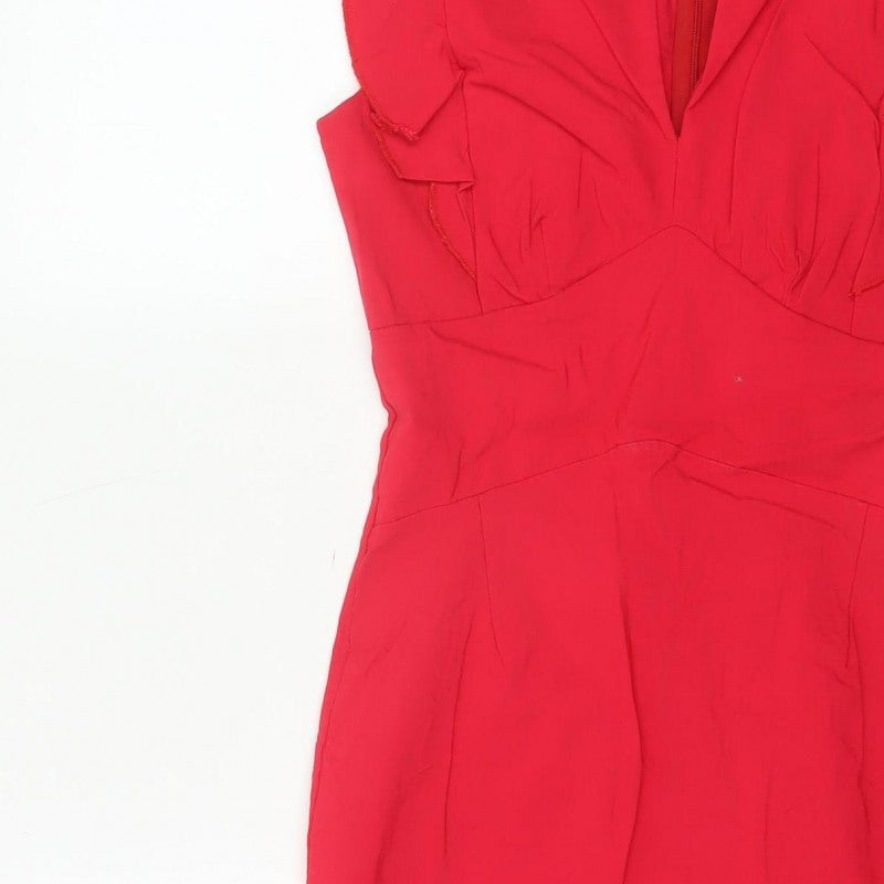 Androse Women Red UK 14 Bodycon Knee Dress Ruffle V-Neck Party