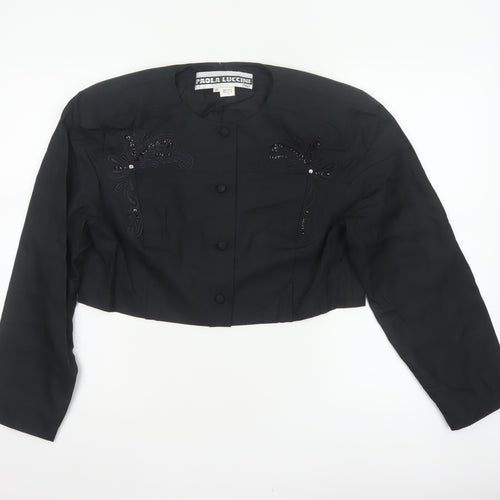 Paola Luccini Women Black Silk Floral Embellished Cropped Jacket Size 12