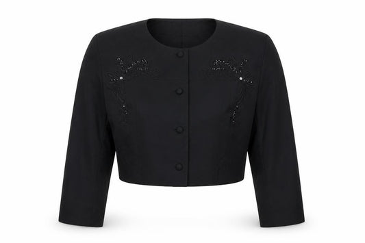 Paola Luccini Women Black Silk Floral Embellished Cropped Jacket Size 12