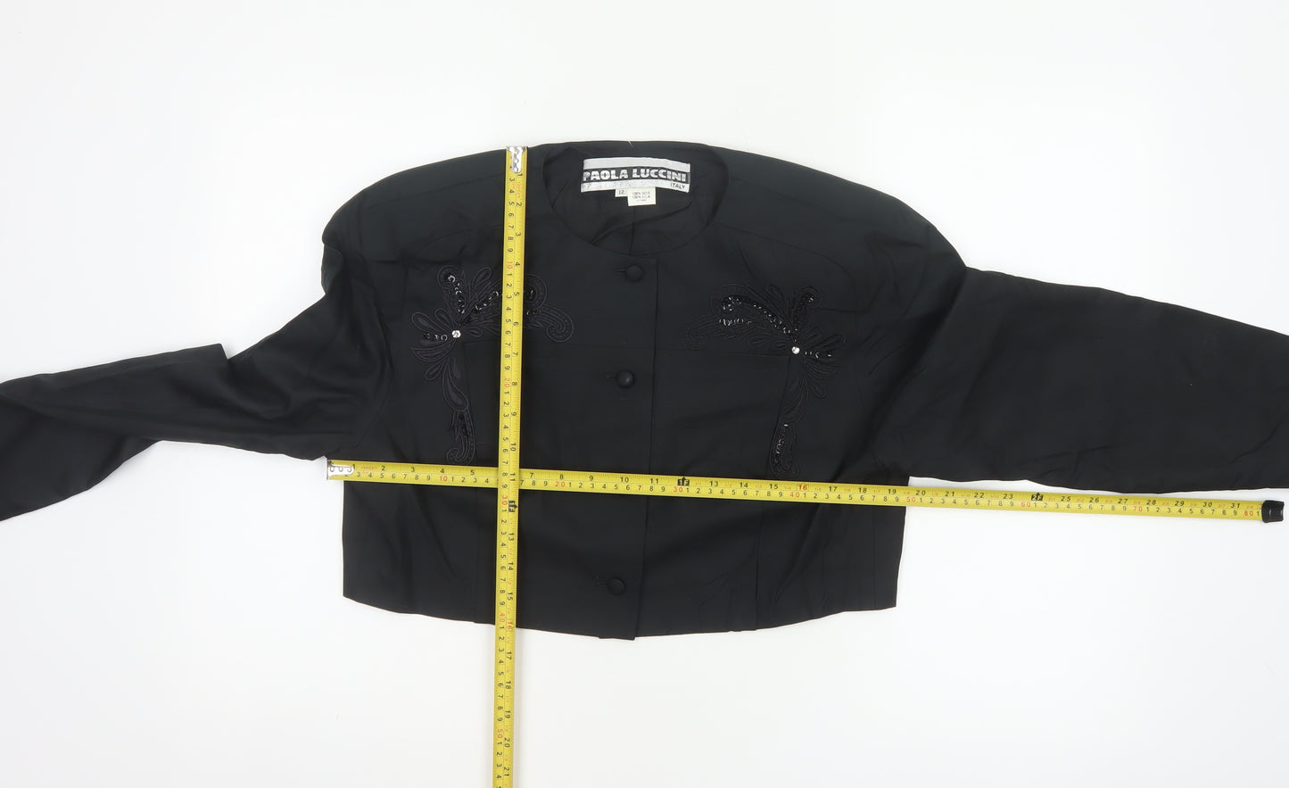 Paola Luccini Women Black Silk Floral Embellished Cropped Jacket Size 12