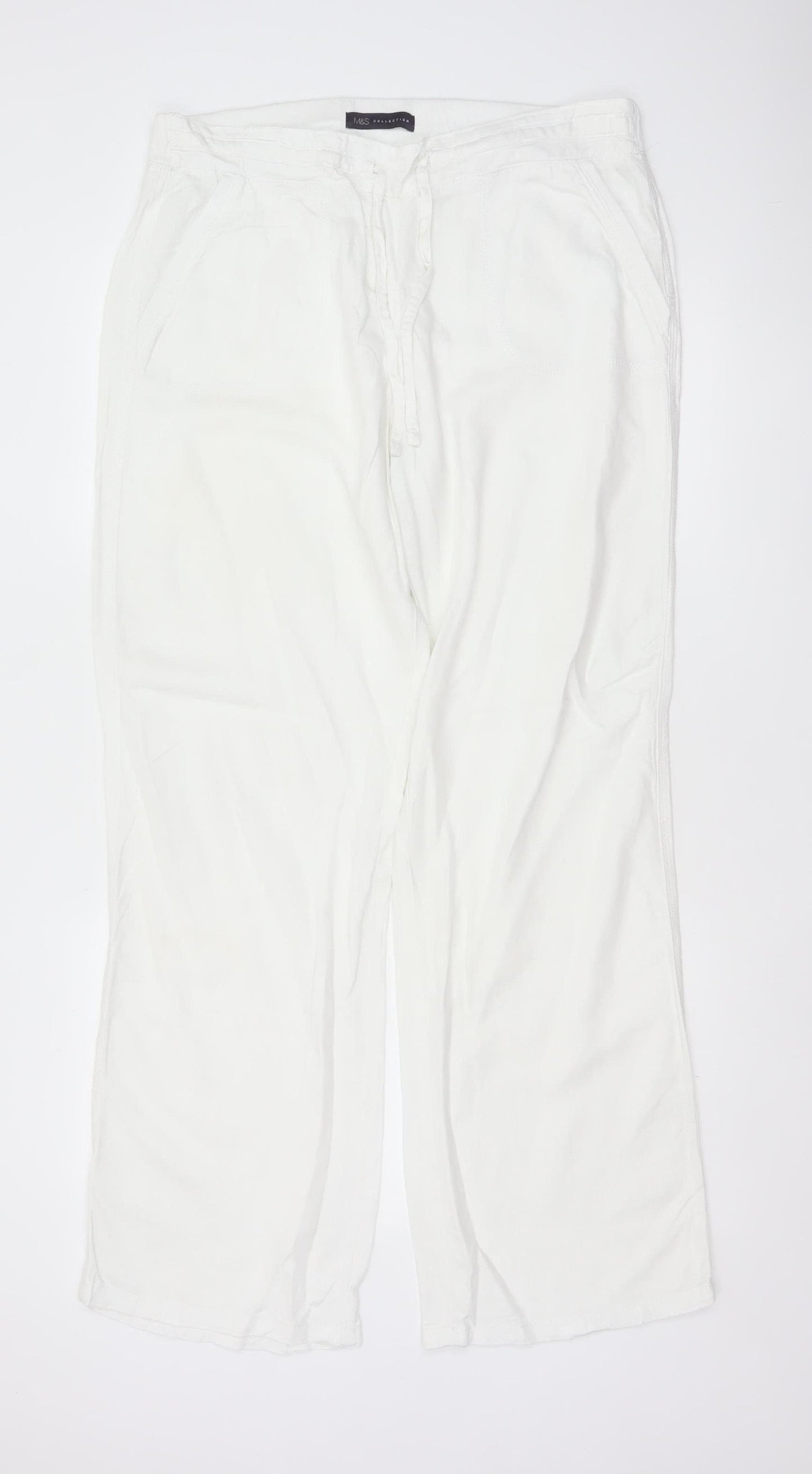 Marks and Spencer Women White UK 14 Long Wide-Leg Drawstring Trousers