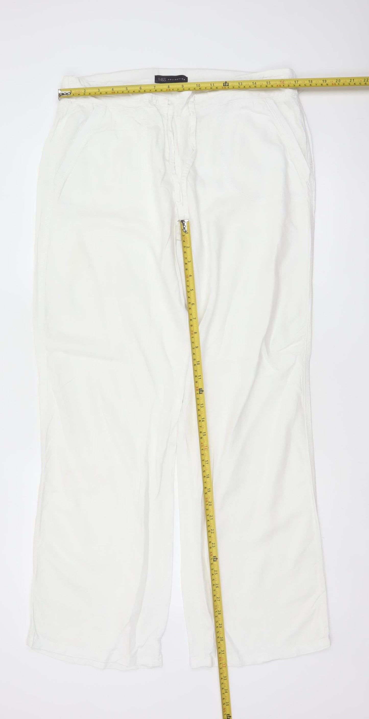 Marks and Spencer Women White UK 14 Long Wide-Leg Drawstring Trousers