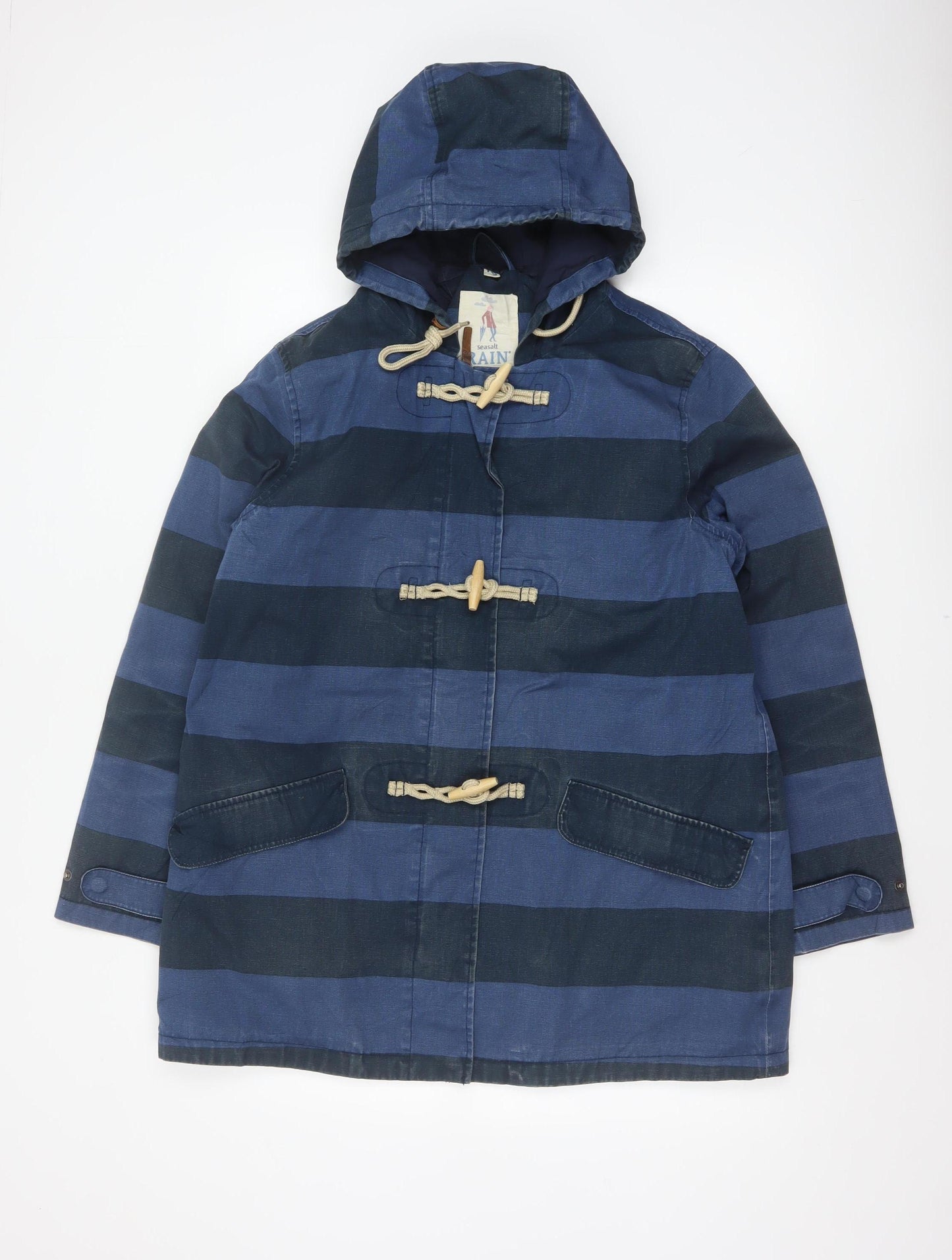 Seasalt Women’s Blue Striped Hooded Rain Coat UK 16 Toggle Long