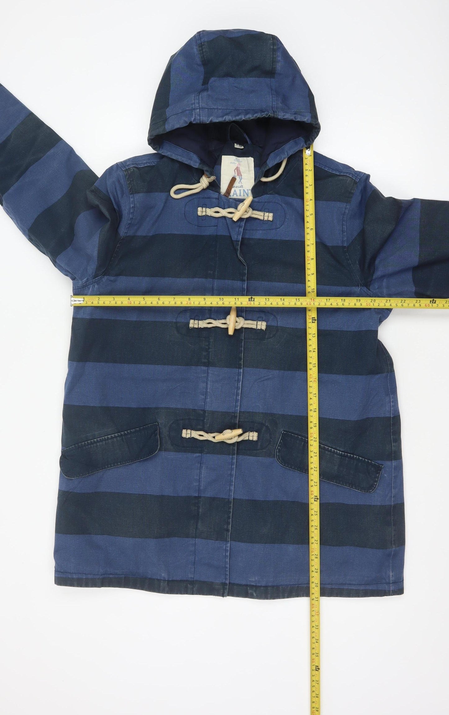 Seasalt Women’s Blue Striped Hooded Rain Coat UK 16 Toggle Long