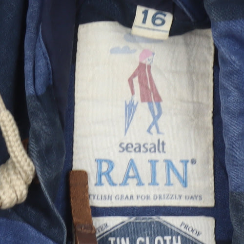 Seasalt Women’s Blue Striped Hooded Rain Coat UK 16 Toggle Long