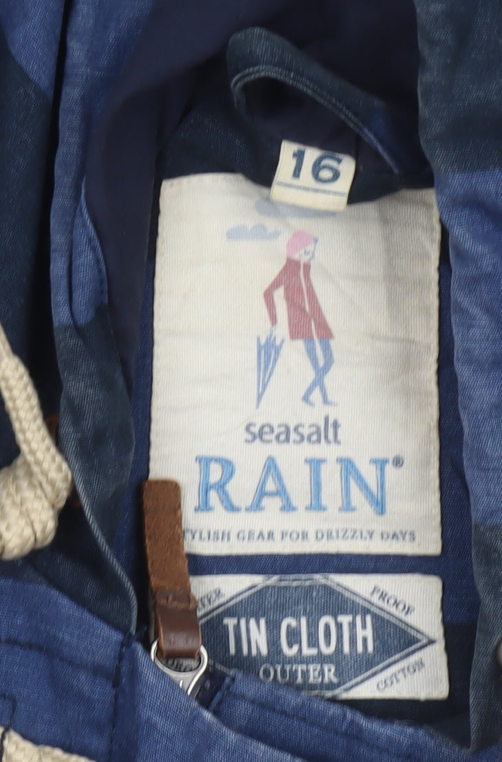 Seasalt Women’s Blue Striped Hooded Rain Coat UK 16 Toggle Long