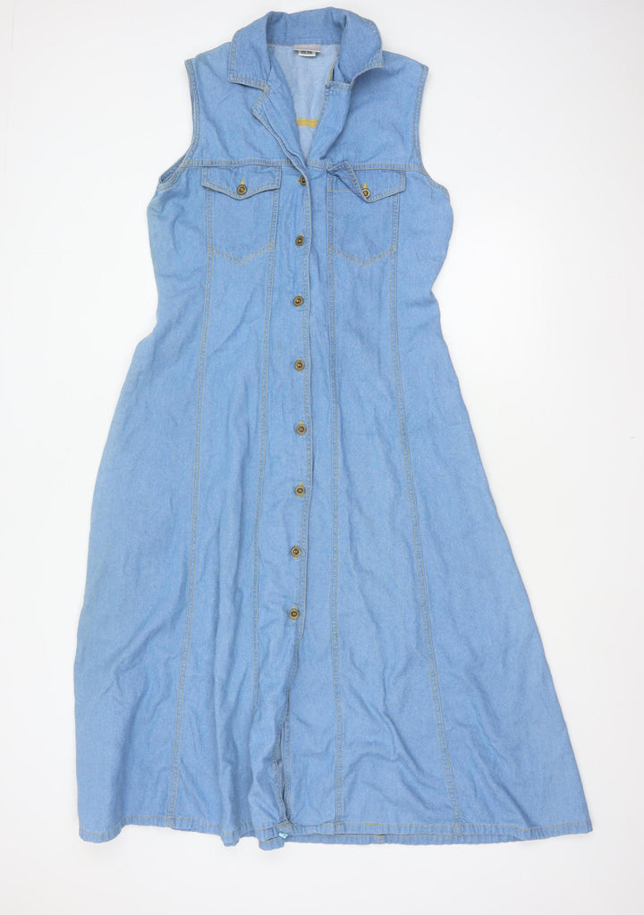 Mackays Women Blue Size 14 Long Denim Sleeveless Shirt Dress Belted