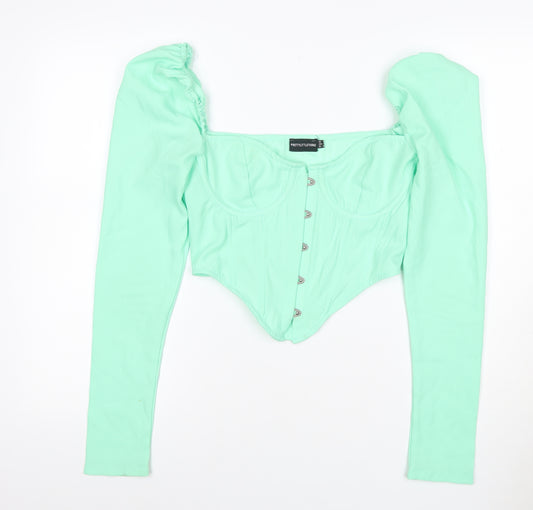 PrettyLittleThing Women Green UK 8 Cropped Puff Sleeve Hook & Eye Blouse