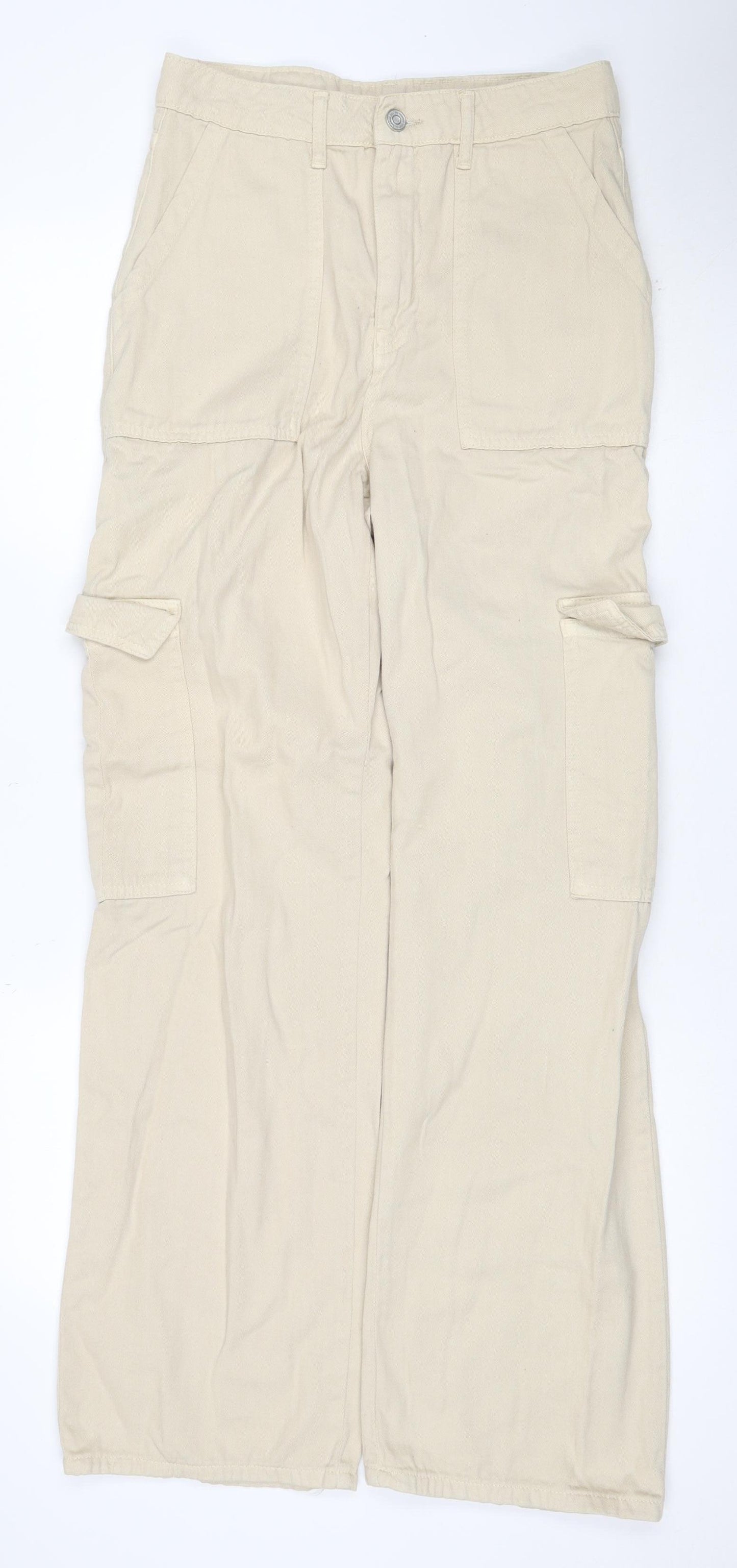 Boohoo Women Beige UK 10 Cotton Cargo Straight Leg Belted Trousers