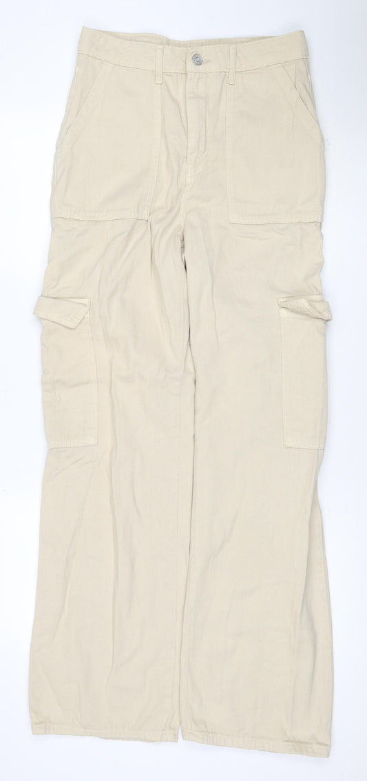 Boohoo Women Beige UK 10 Cotton Cargo Straight Leg Belted Trousers