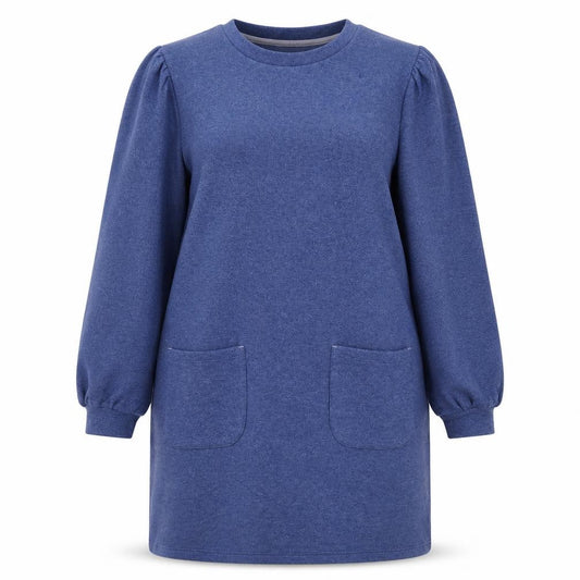 Front view of White Stuff Women Blue UK 14 Jumper Dress Puff Sleeves Pockets