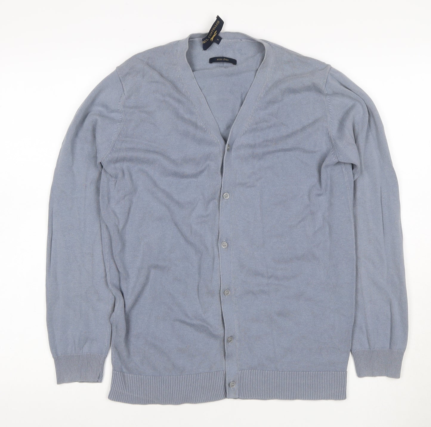 Paul Costelloe Men Blue S Linen Blend V-Neck Button Cardigan