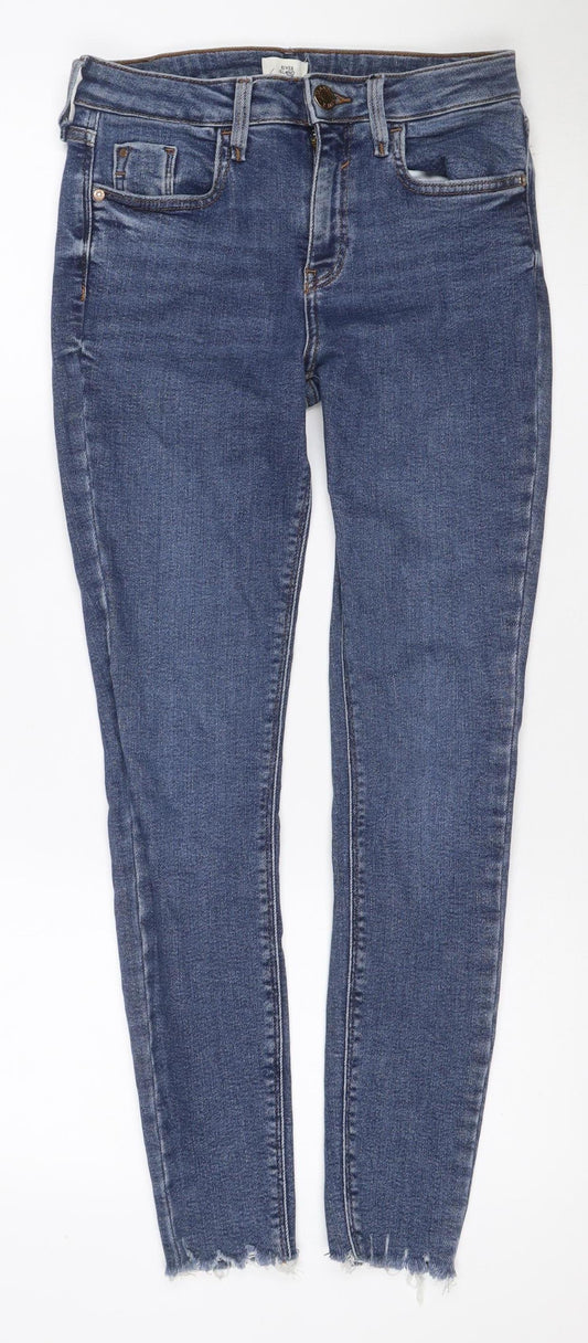 River Island Women Blue Size 10 Mid Rise Skinny Stretch Jeans Frayed Hem