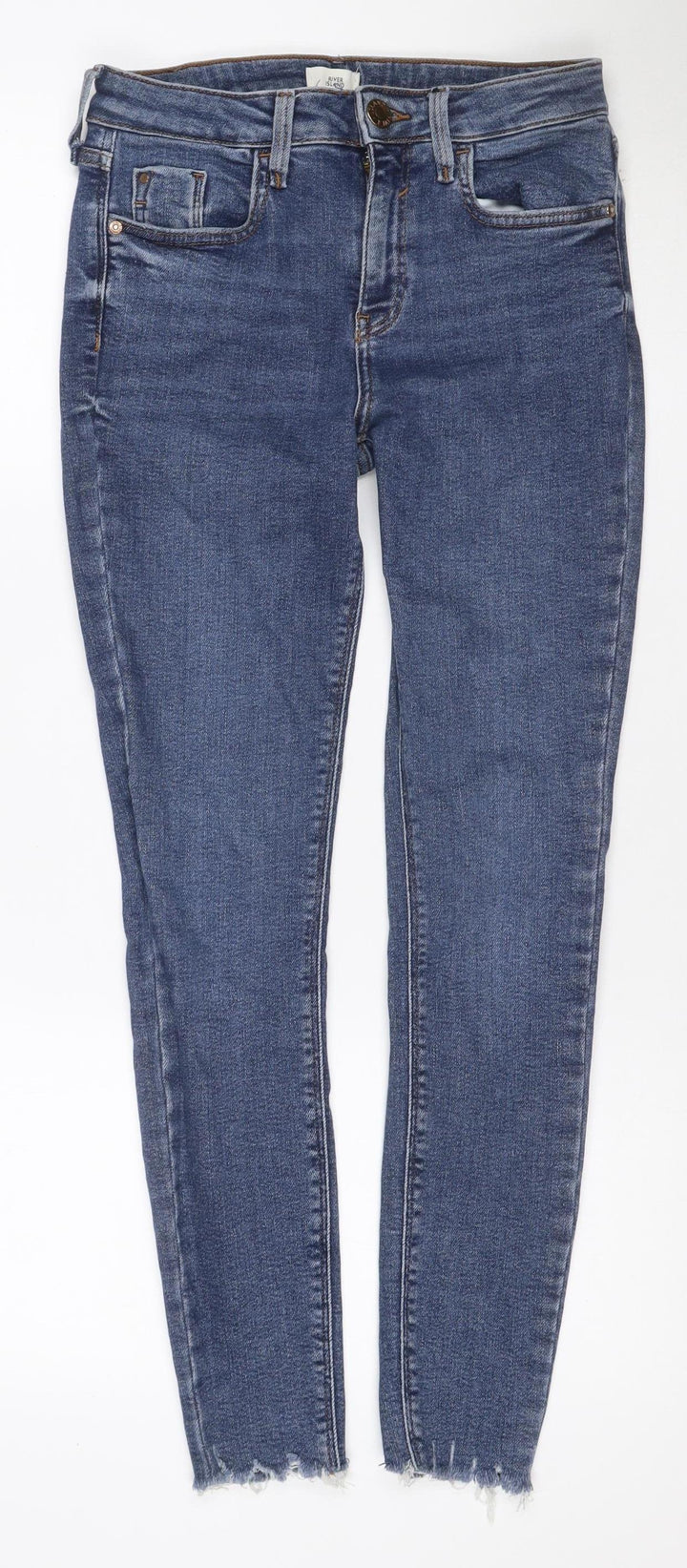 River Island Women Blue Size 10 Mid Rise Skinny Stretch Jeans Frayed Hem
