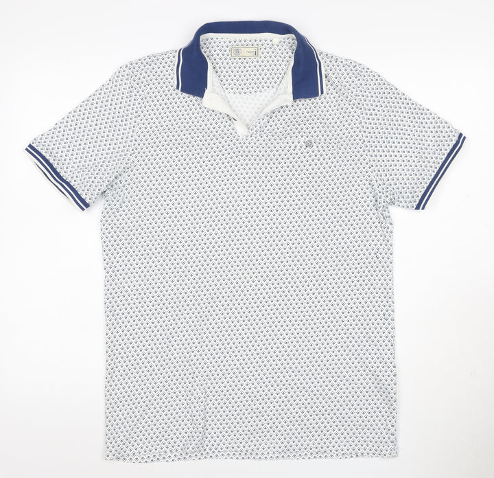 Next SP Men’s White Navy Geometric Print Short Sleeve Polo Shirt M