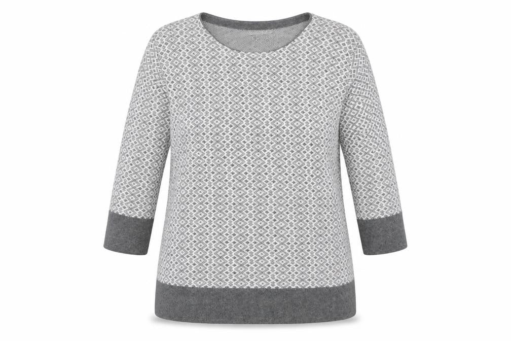 Lakeland Women Grey UK 16 Geometric Cashmere Blend 3/4 Sleeve Jumper
