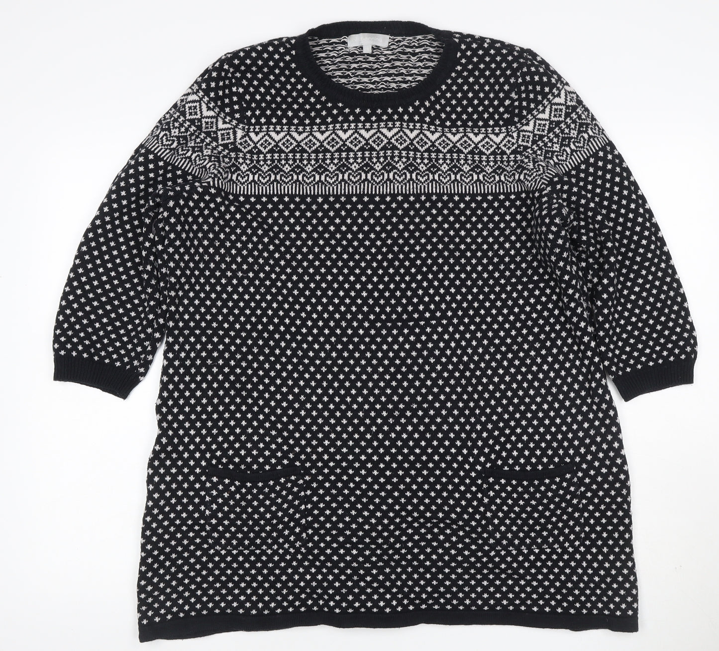 Bercning Women Black White S Fair Isle Knit Tunic Jumper 3/4 Sleeve