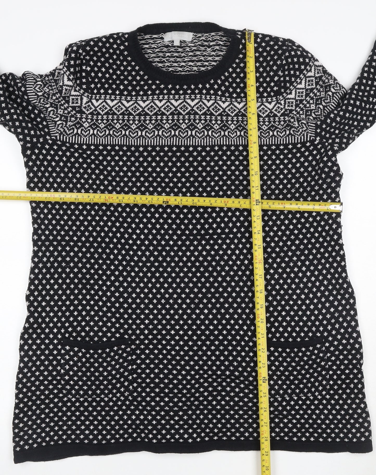 Bercning Women Black White S Fair Isle Knit Tunic Jumper 3/4 Sleeve