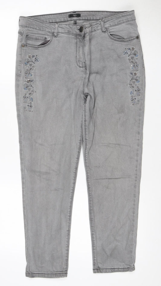 M&Co Women Grey Size 14 Straight Floral Embroidered Rhinestone Jeans