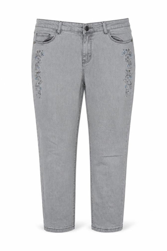 M&Co Women Grey Size 14 Straight Floral Embroidered Rhinestone Jeans
