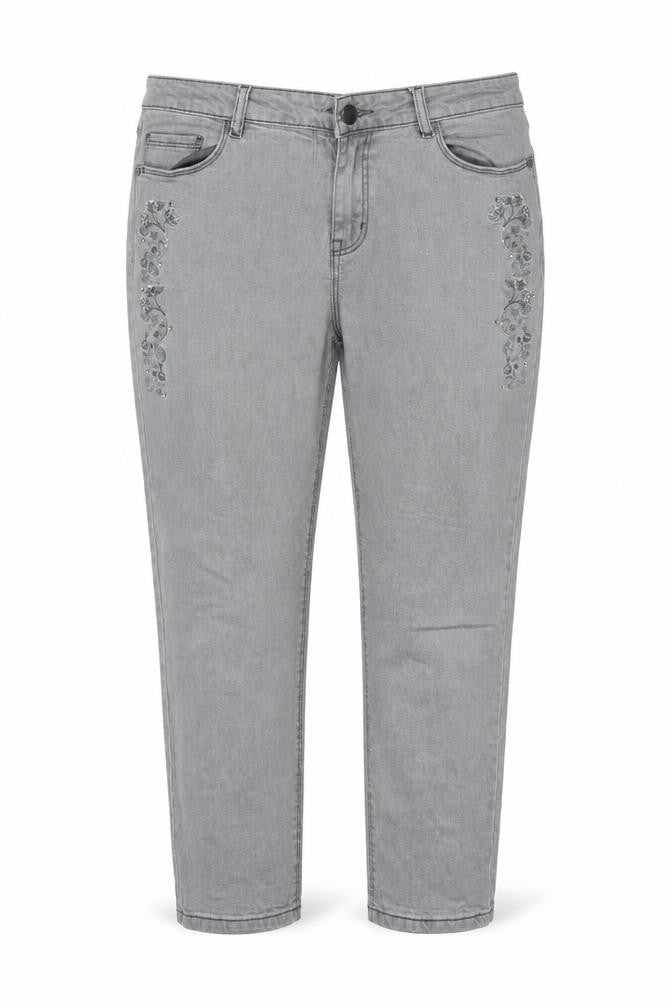 M&Co Women Grey Size 14 Straight Floral Embroidered Rhinestone Jeans