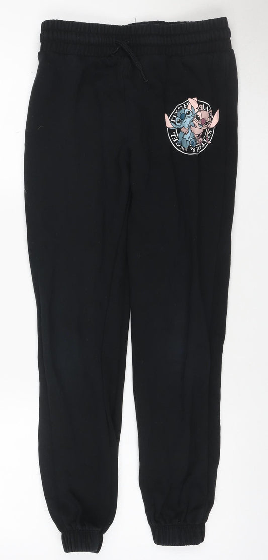Front view of Disney girls’ black 9-10 years stitch & angel jogger sweatpants