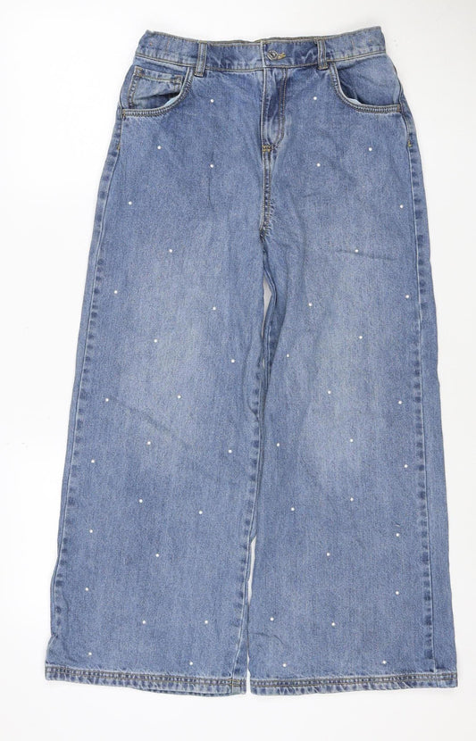 F&F Girls Blue Pearl Stud Wide-Leg Jeans Age 11-12 Years