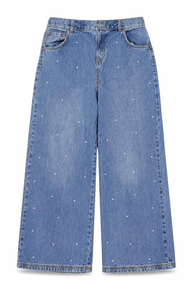 F&F Girls Blue Pearl Stud Wide-Leg Jeans Age 11-12 Years