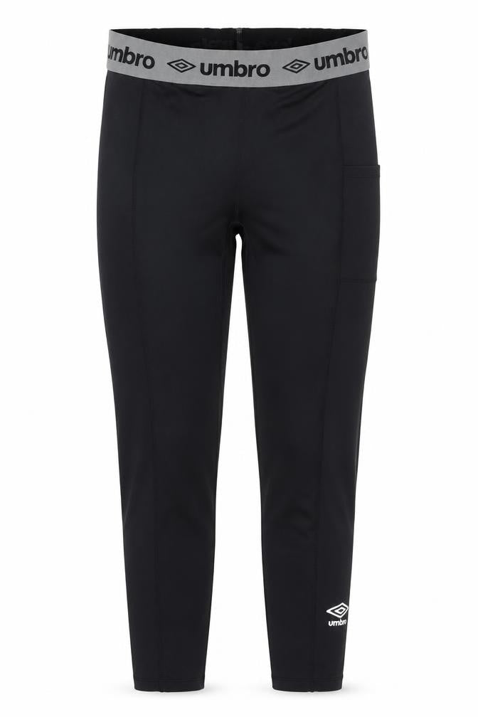 Front view of Umbro Women's Black Grey Logo Leggings, size M, Gym Training Stretch