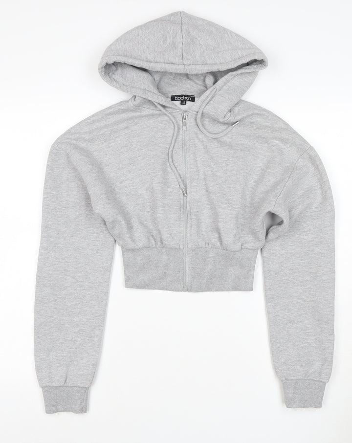 Boohoo Women’s Grey XS Cropped Full Zip Hoodie Hooded Casual