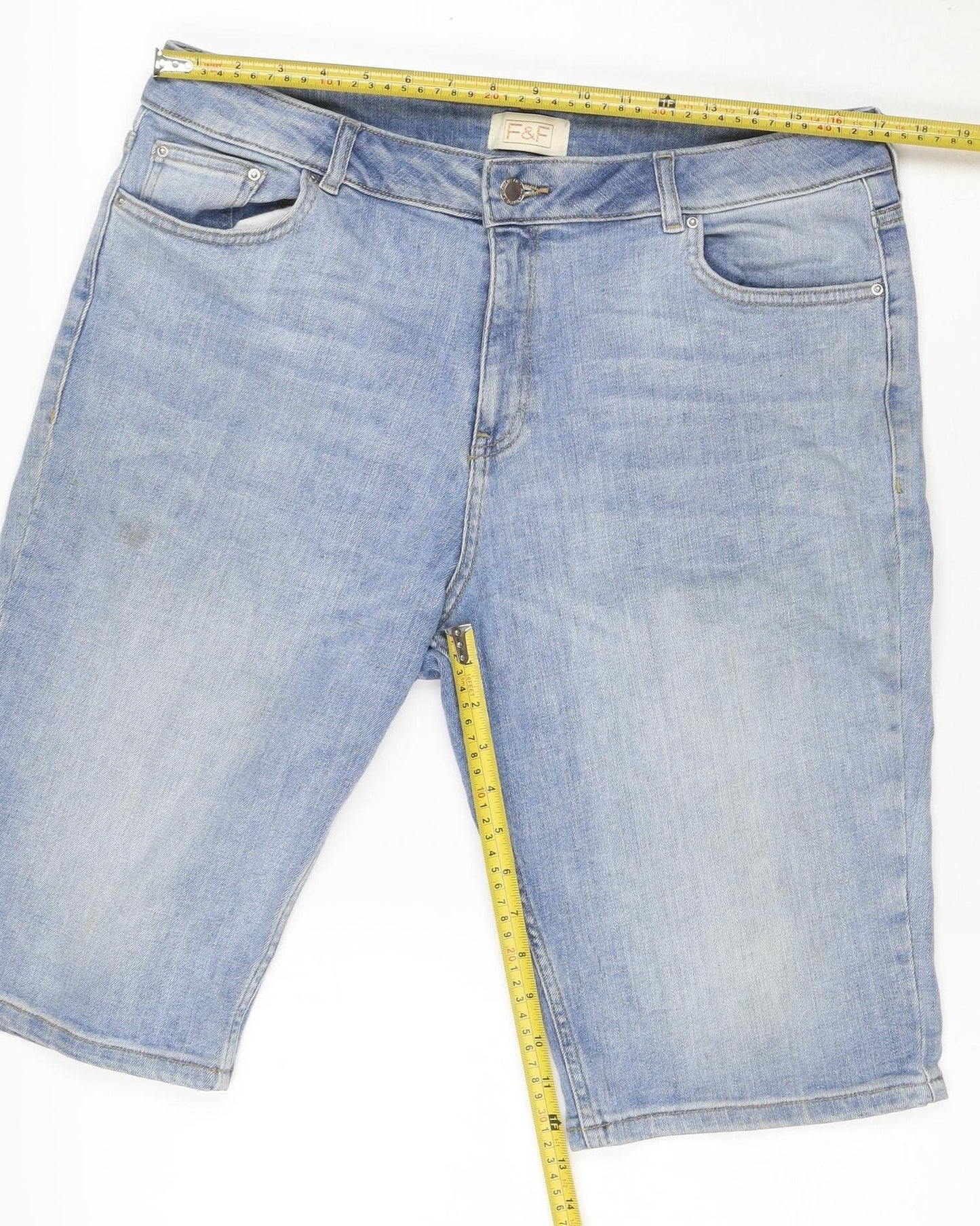 F&F Women’s Blue Denim Bermuda Shorts UK 12 High Rise 5 Pocket