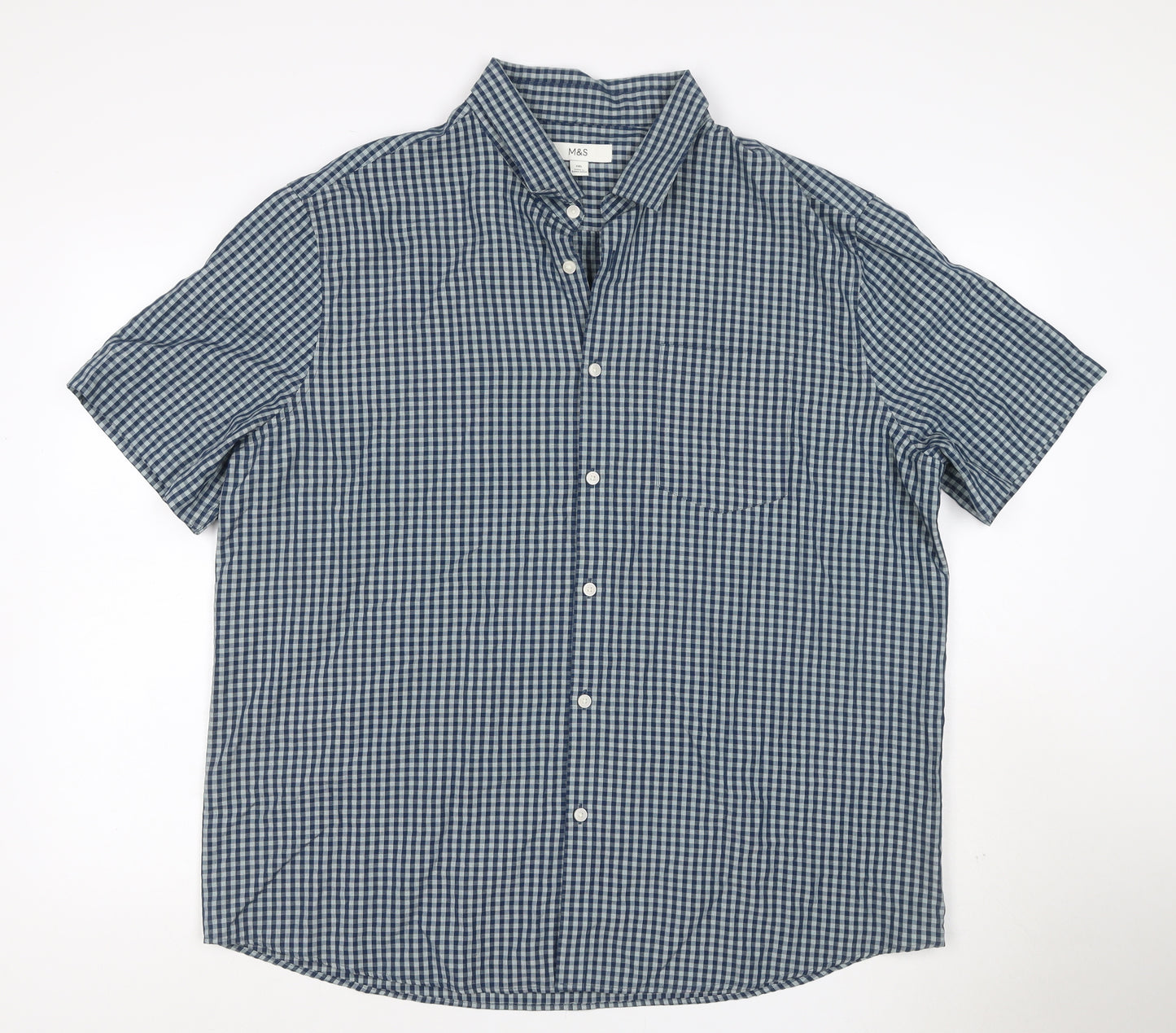 Marks and Spencer Men’s Blue Check Short Sleeve Button Shirt 2XL
