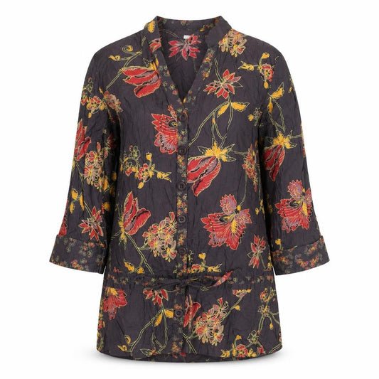 Front view of Ethe Austin Women’s Black Floral Cotton Tunic Blouse UK 16 Belted