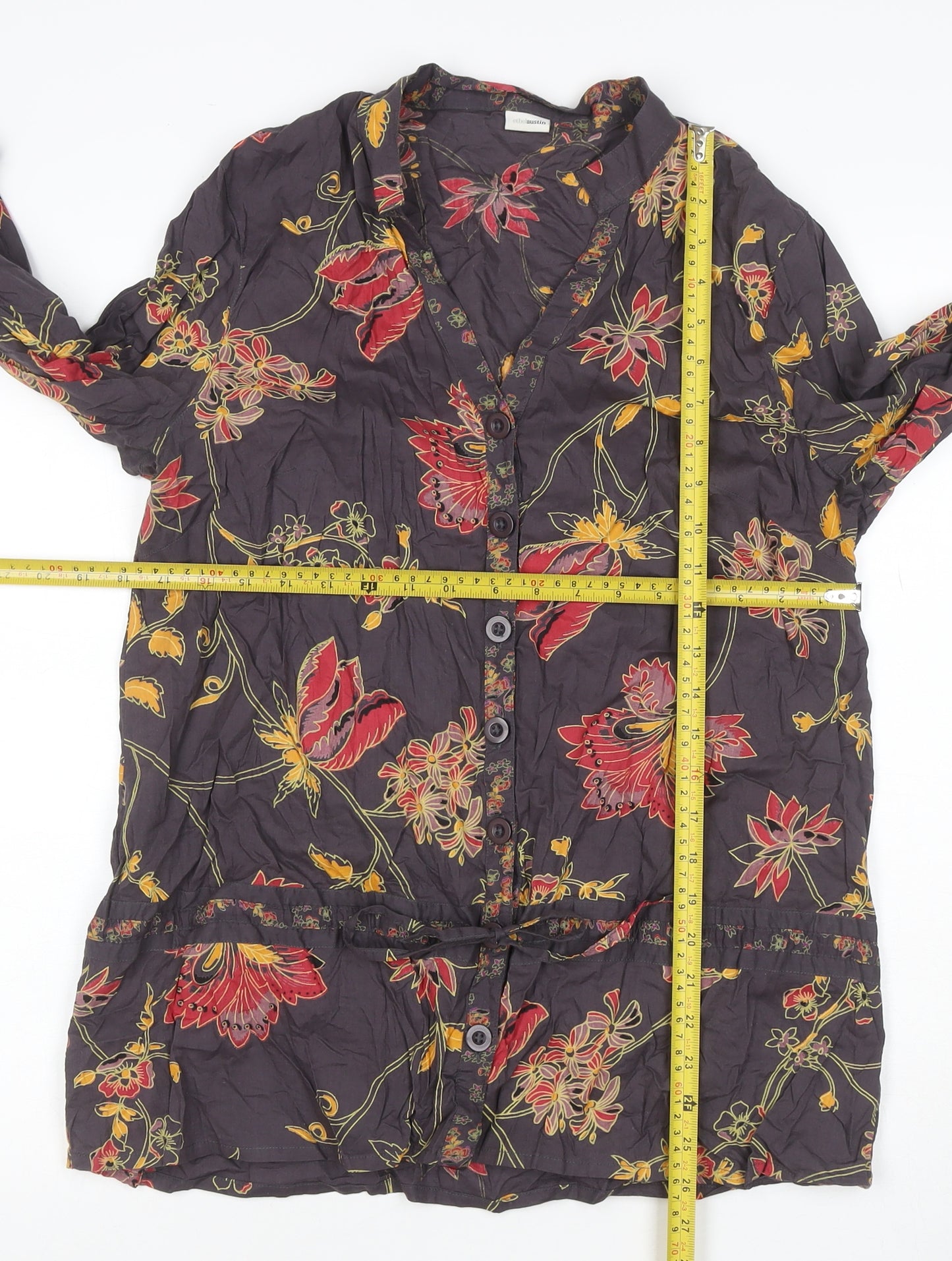 Ethe Austin Women’s Black Floral Cotton Tunic Blouse UK 16 Belted
