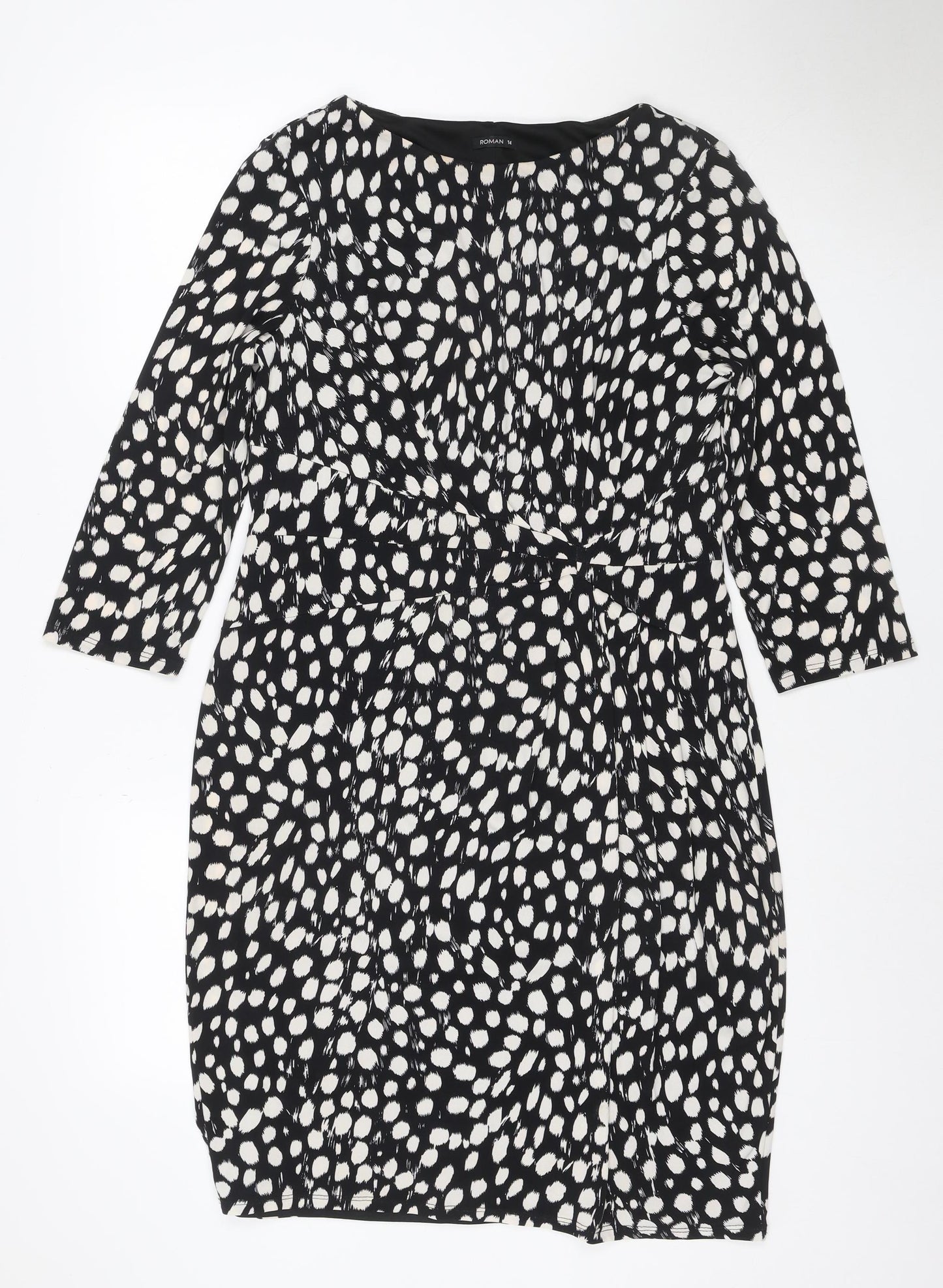 Roman Women Black Animal Print Ruched V-Neck Sheath Dress UK 14