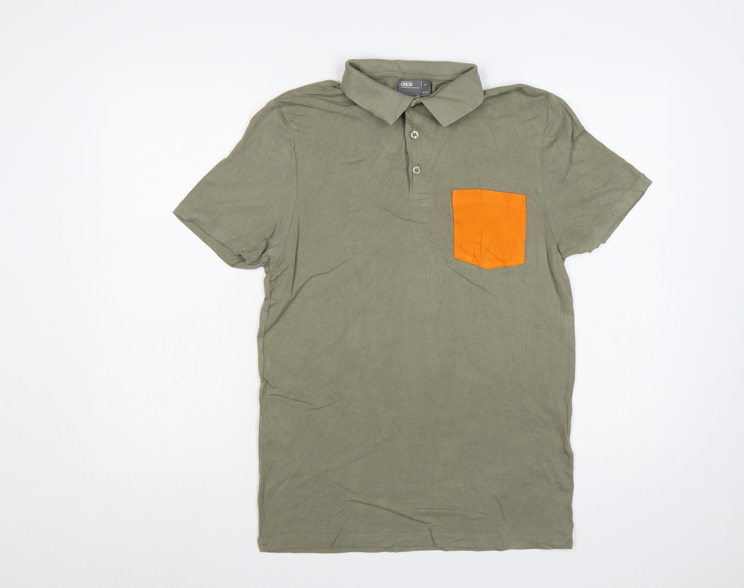 ASOS Men’s Green Orange Pocket Cotton Stretch Polo Shirt M Short Sleeve