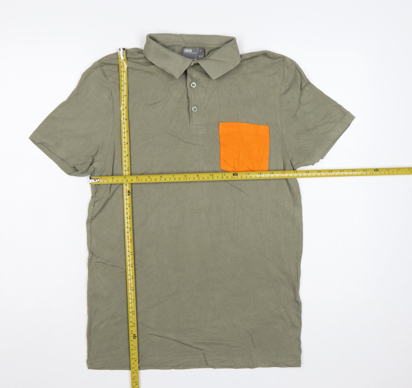 ASOS Men’s Green Orange Pocket Cotton Stretch Polo Shirt M Short Sleeve