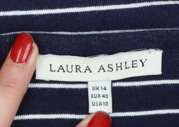 Laura Ashley Women's Blue White UK 14 Striped Jersey 3/4 Sleeve T-Shirt