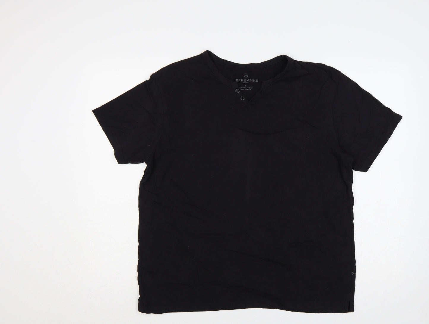 Jeff Banks Men Black L Cotton Henley Short Sleeve T-Shirt