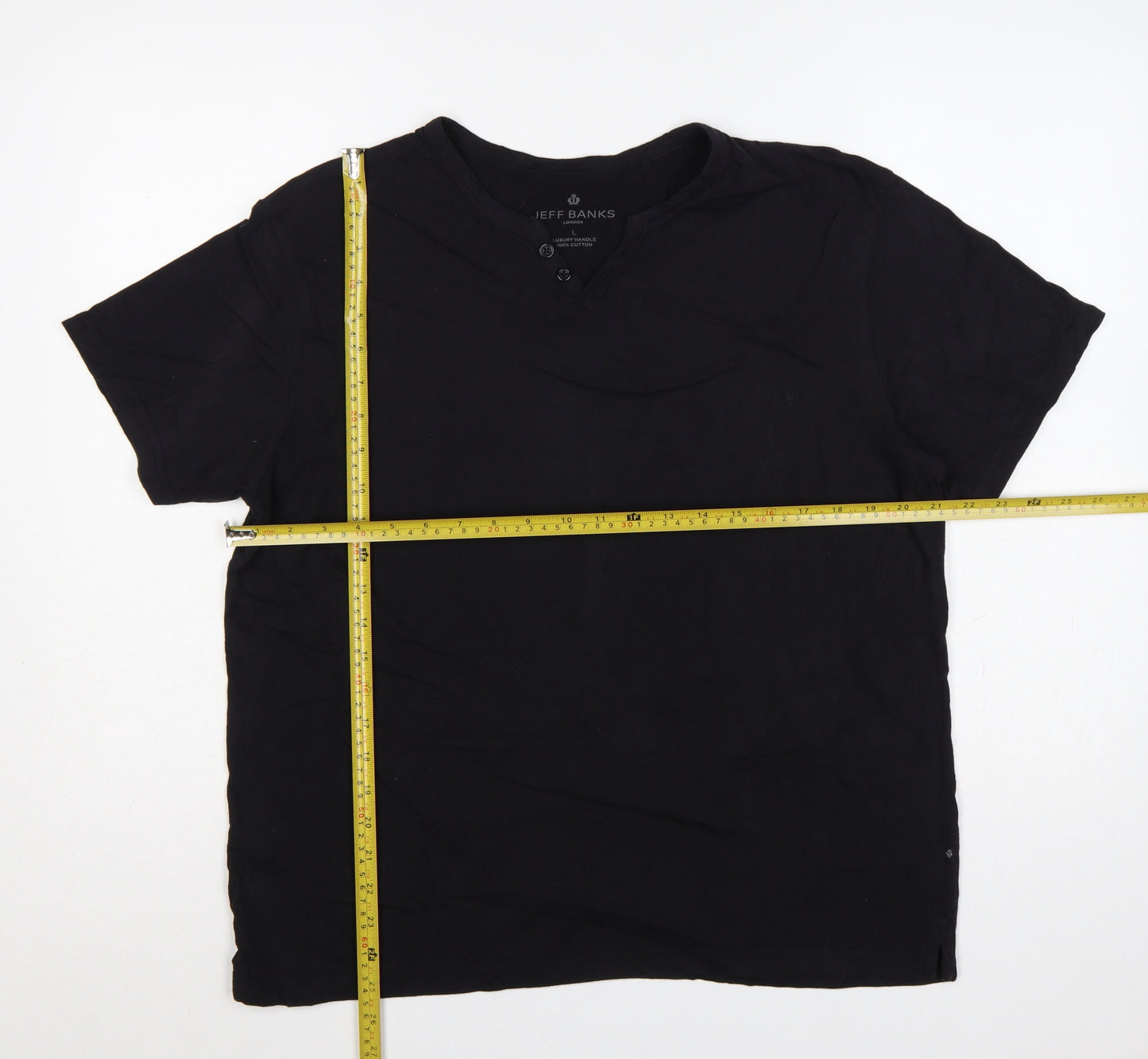 Jeff Banks Men Black L Cotton Henley Short Sleeve T-Shirt