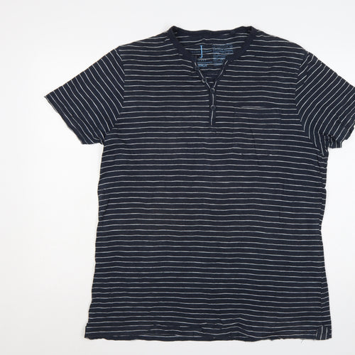 Jasper Conran Men’s Blue Striped Henley T-Shirt Size L Pocket