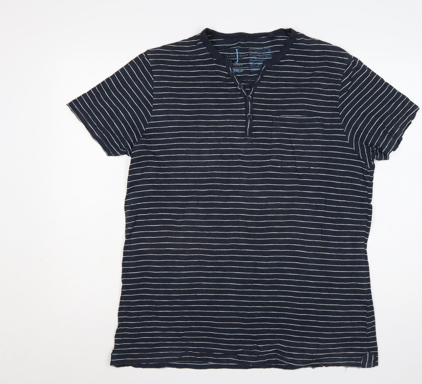 Jasper Conran Men’s Blue Striped Henley T-Shirt Size L Pocket