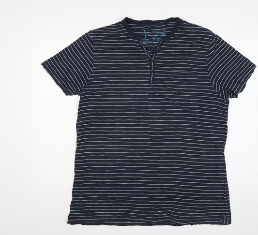 Jasper Conran Men’s Blue Striped Henley T-Shirt Size L Pocket